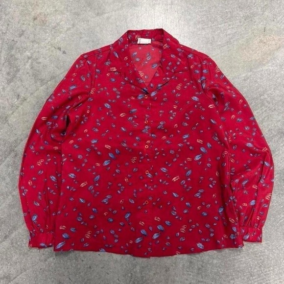 American Vintage Tops - 80's Floral Button Up Blouse Women's Red Blue Girlie Indie Casual Shirt 14
